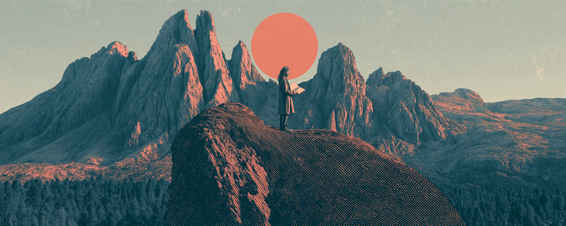 A traveler with a book on a ridge, looking out over jagged mountains and pine forest