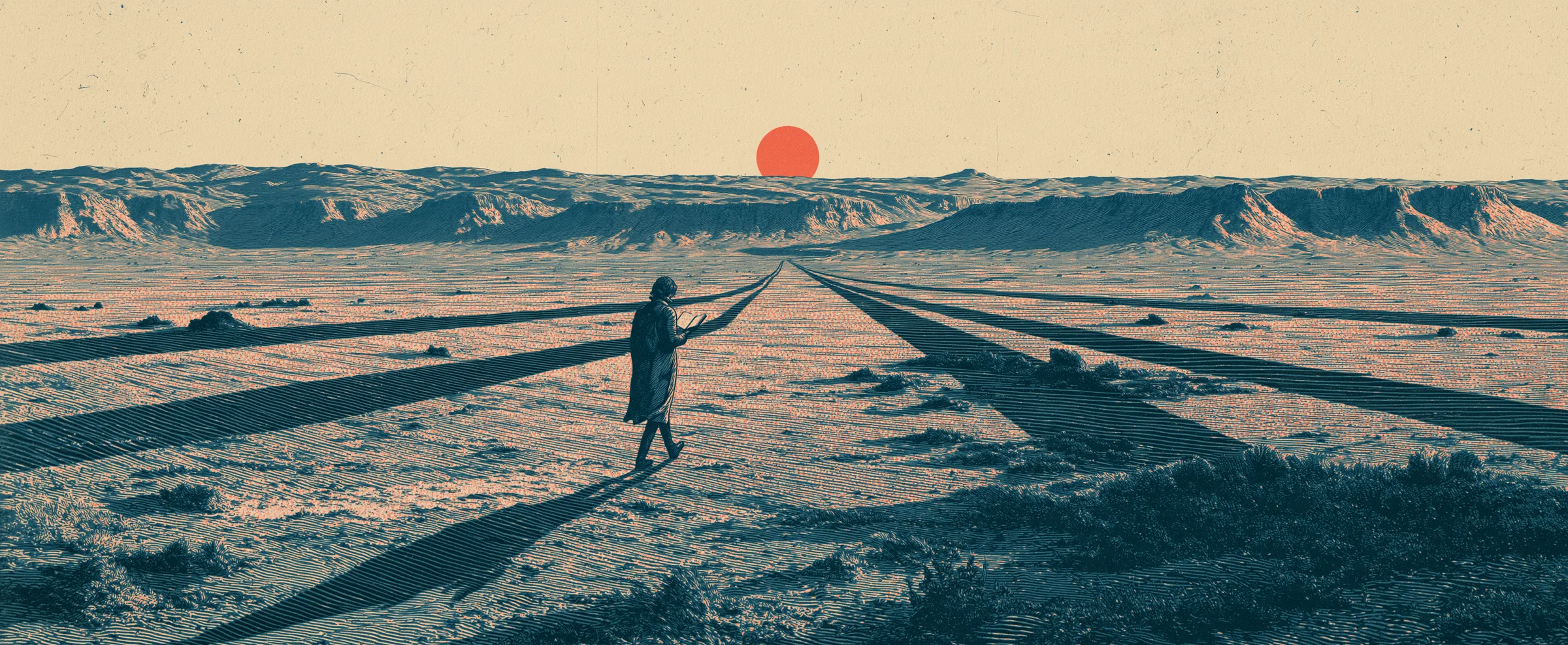 A lone traveler reading a book on a vast plain beneath a mountain range