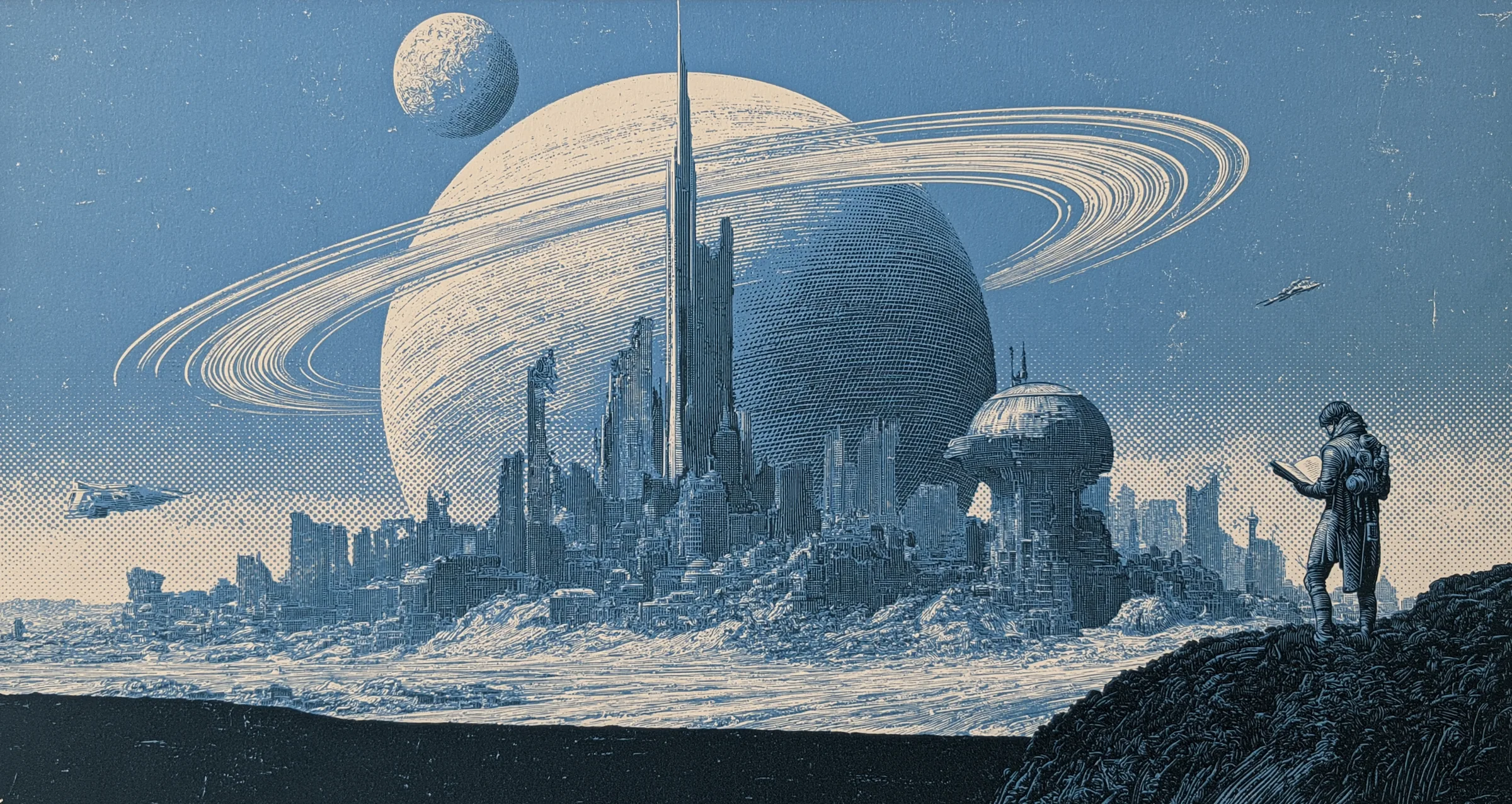 A traveler reading on a ridge as a giant ringed planet rises over a distant futuristic city
